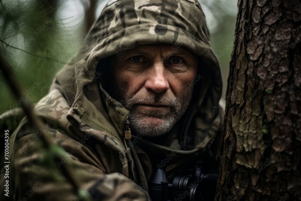 Portrait of a mature man in camouflage with a camera in the forest