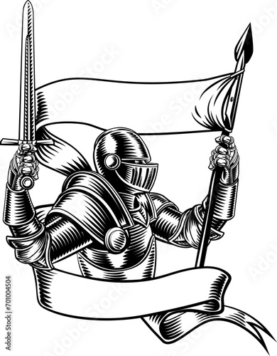 An original illustration of a medieval knight with banner battle flag or standard scroll ribbon. In a vintage engraved etching woodcut style.