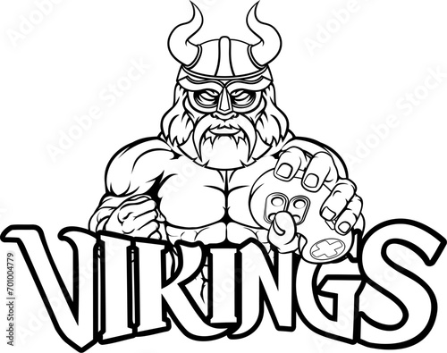A Viking or gladiator warrior gamer mascot with video games controller