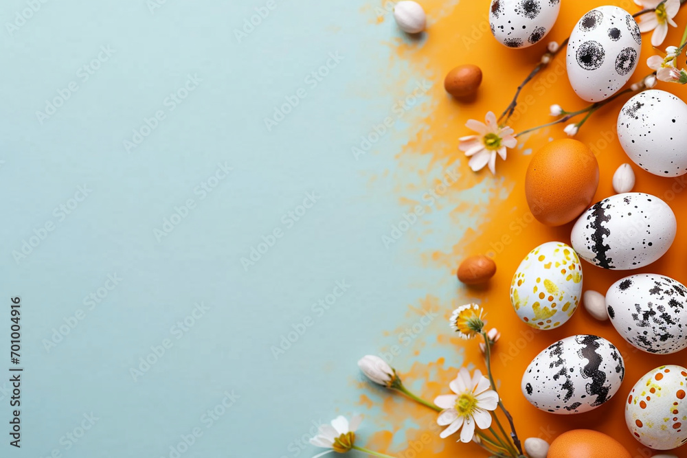  minimalist peaceful Easter background with eaggs on the corner
