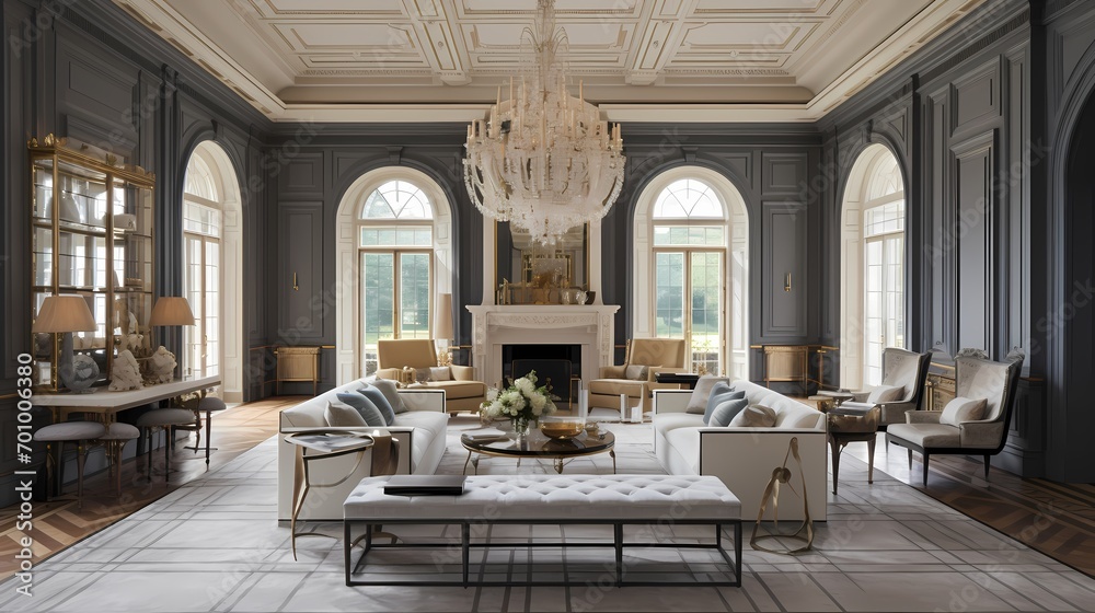 Grand living room adorned with classic moldings, luxurious fabrics, and a statement chandelier
