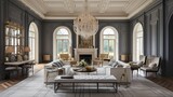 Grand living room adorned with classic moldings, luxurious fabrics, and a statement chandelier