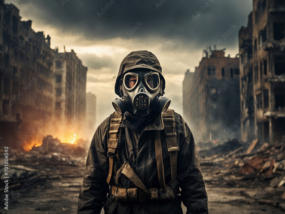 person in a gas mask with a fire person in a gas mask with a fire
