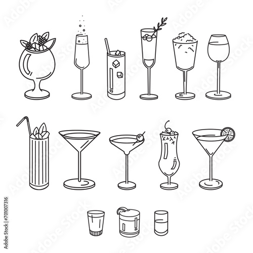 A set of 14 pop art style drinks icons. A bundle of line drawn simple drinks illustrations; pina colada, wine, champagne, martini and many more.