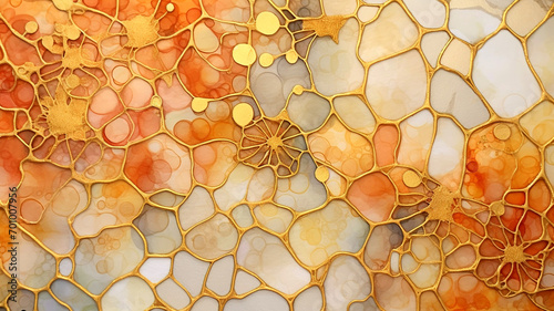 Ceramic mosaic pattern with yellow and orange flowers. Abstract background. Background alcohol ink arabesque bas relief. Alcohol ink art. Mixing liquid paints. Art for modern banners.  photo