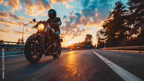 Motocross rider on the highway photo