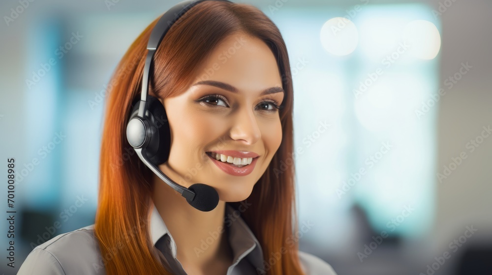 Pretty woman works in a customer center with headset, headphone and microphone Pretty woman works in a customer center with headset, headphone and microphone