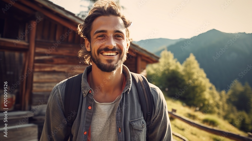 portrait of attractive middle aged man in sportive outfit, hiking outdoor in the mountains