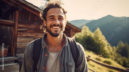 portrait of attractive middle aged man in sportive outfit, hiking outdoor in the mountains