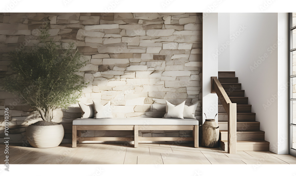Coastal interior design of modern entrance hall with stone tiles wall ...