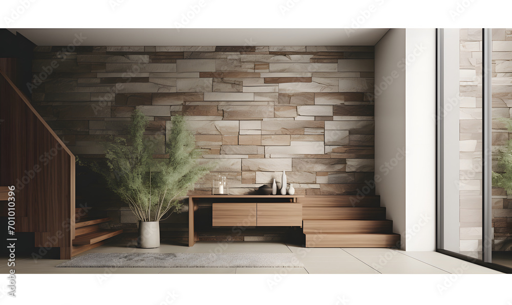 Coastal interior design of modern entrance hall with stone tiles wall ...