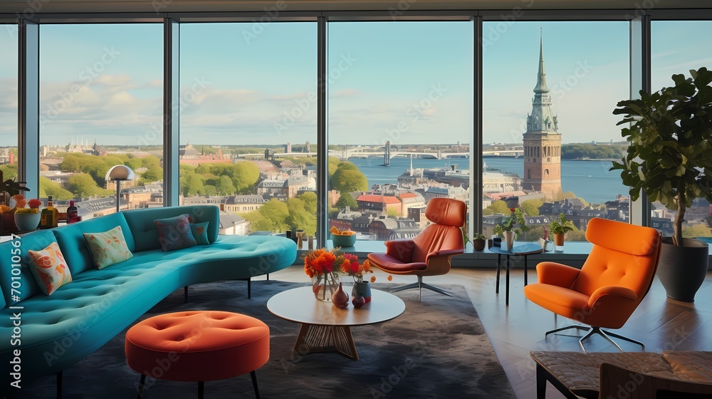 Inviting lounge area with a mid-century sofa, vibrant accent chairs, and a panoramic view of Copenhagen's skyline