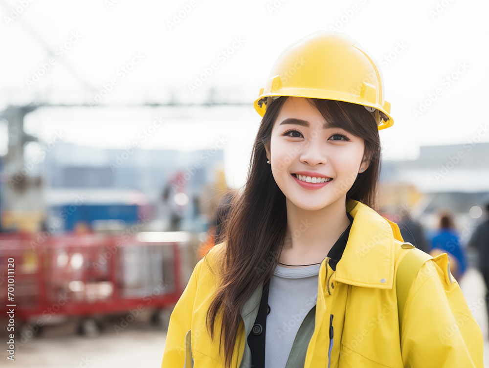 工事現場にいる黄色の作業着とヘルメットの日本人女性 工事現場にいる黄色の作業着とヘルメットの日本人女性