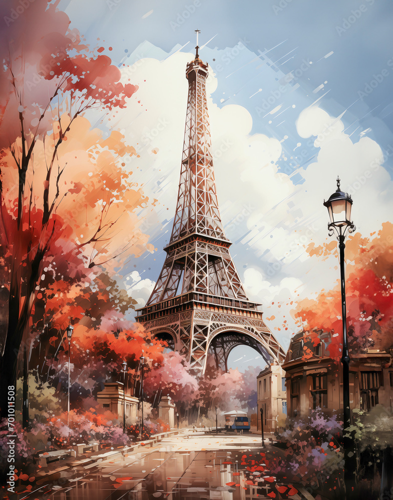 Eiffeltoren in het voorjaar in Art Nouveau stijl