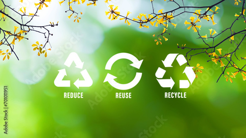 Reduce, reuse, recycle symbol on green bokeh background. Ecological and save the earth concept, An ecological metaphor for ecological waste management and sustainable.