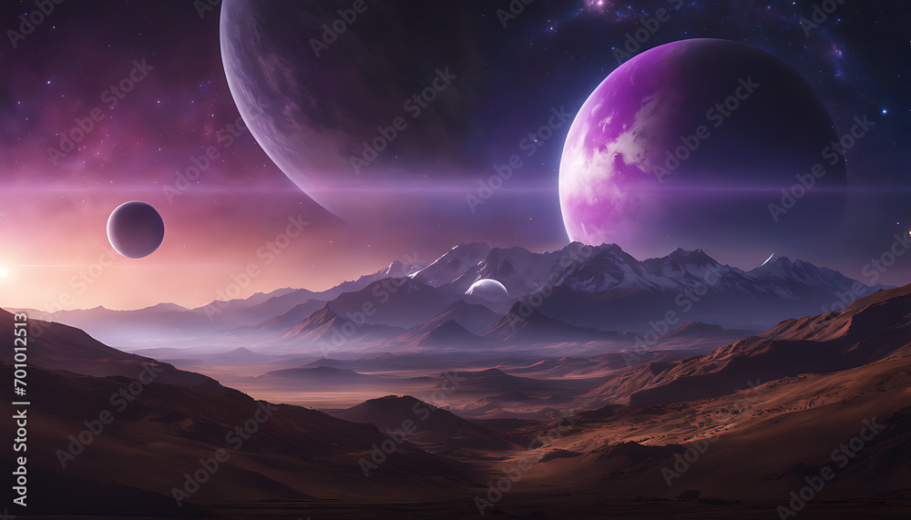a captivating space scene with a purple planet in the foreground, surrounded by a star-filled sky, and a variety of textures on the planet's surface, invoking a sense of exploration and awe.