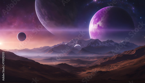 a captivating space scene with a purple planet in the foreground  surrounded by a star-filled sky  and a variety of textures on the planet s surface  invoking a sense of exploration and awe.