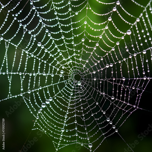 A close-up of a dew-covered spider web.