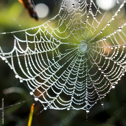 A close-up of a dew-covered spider web.