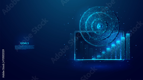 Blue abstract illustration of an arrow hitting the target. Ideal for illustrating the concepts of precision, achievement and goal attainment. Low poly wireframe style technology blue background.