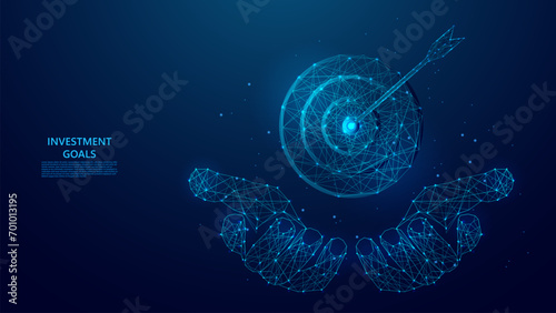Blue abstract illustration of an arrow hitting the target. Ideal for illustrating the concepts of precision, achievement and goal attainment. Low poly wireframe style technology blue background.