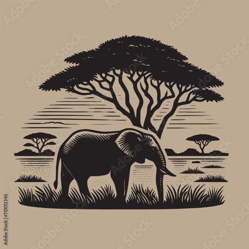 Elephant in the savannah. Engraving vintage vector illustration, monochrome black color. Woodcut