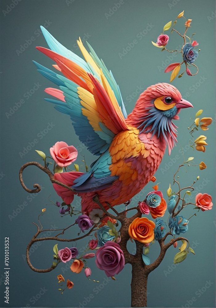 3D colourful bird on a branch 3D colourful bird on a branch