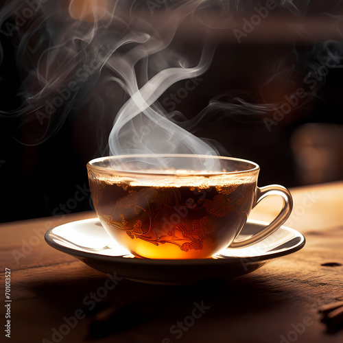 Close-up of a cup of steaming hot coffee on a rustic wooden table.