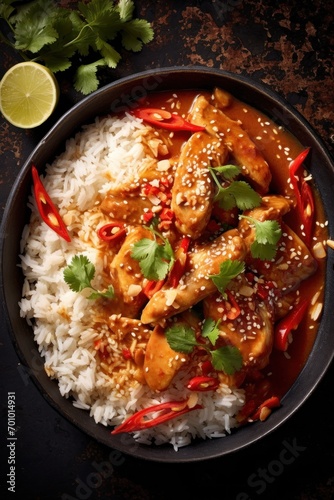 asian style spicy peanut butter chicken served over rice