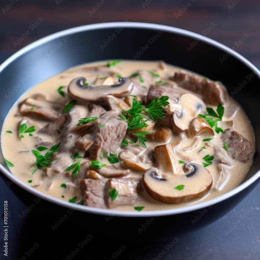 creamy chicken stroganoff served over egg noodles and the mushroom sauce