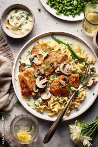 creamy chicken stroganoff served over egg noodles and the mushroom sauce