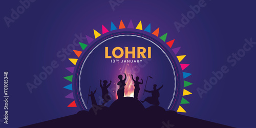 Happy Lohri text. Indian Sikh Festival editable design background. Greetings on the traditional Lohri festival of Punjab, India. Greeting card, poster banner design.