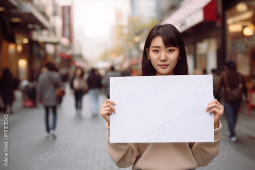  woman holding a blank sign at the street