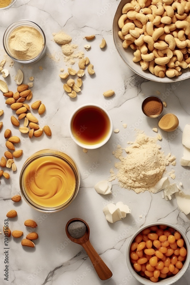 ingredients for peanut butter chicken, flat lay, White marble kitchen table ingredients for peanut butter chicken, flat lay, White marble kitchen table