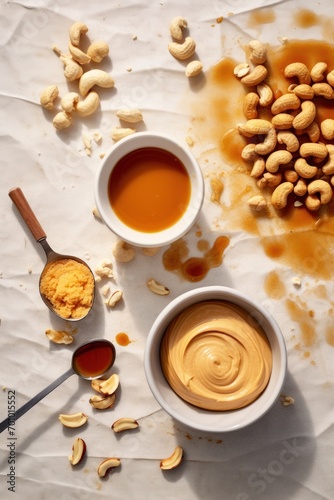 ingredients for peanut butter chicken, flat lay, White marble kitchen table