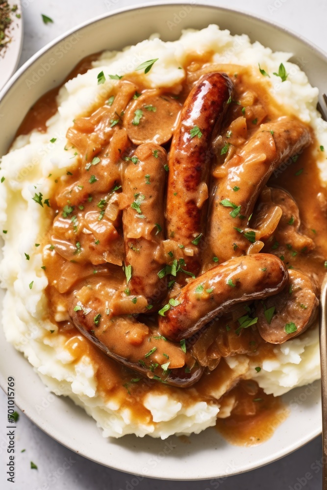 sausage with rich onion gravy over creamy mashed potatoes sausage with rich onion gravy over creamy mashed potatoes
