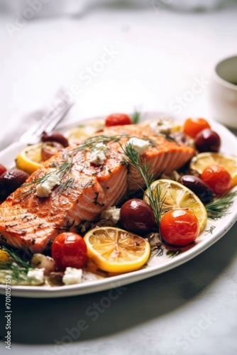 oven baked greek salmon on a plate