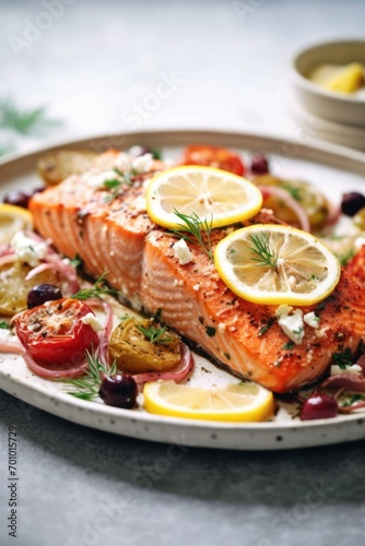 oven baked greek salmon on a plate