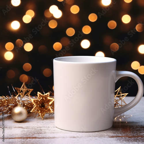 A blank Mug christmas themed background and decorations around the Mug.