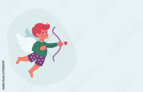 Cartoon illustration cupid, cute smiling character, cupid shoots an arrow. love and valentine's day symbol. little angel with wings on a blue background. Horizontal poster or banner. Place for text.