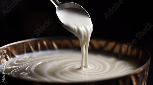 Close-up shot of a spoon delicately dipping in and out of a creamy mixture, revealing its smooth texture and enticing swirls