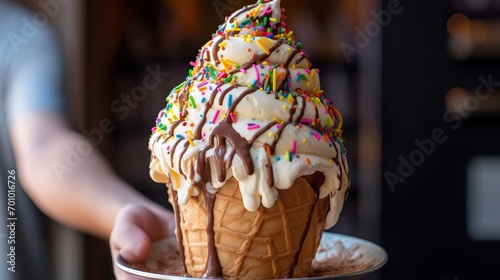 Indulgent delight Towering soft-serve cone elegantly swirled with creamy vanilla, boasting a perfect balance of velvety texture and irresistible sweetness