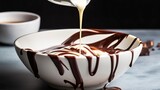 Elegant Simplicity White bowl filled with velvety milk, with a few drops of rich chocolate syrup swirling delicately, creating a delectable and tempting combination