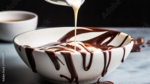 Elegant Simplicity White bowl filled with velvety milk, with a few drops of rich chocolate syrup swirling delicately, creating a delectable and tempting combination