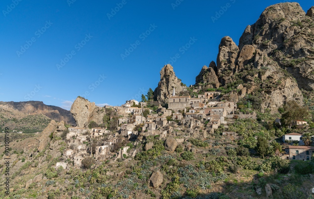 view of the Aspromonte ghost town of Pentedattilo in Calabria