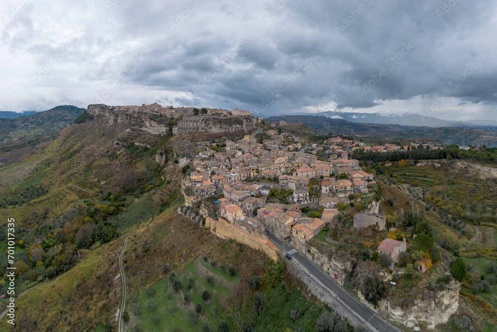 drone perspective of the picturesque mountain village of Gerace in Calabria