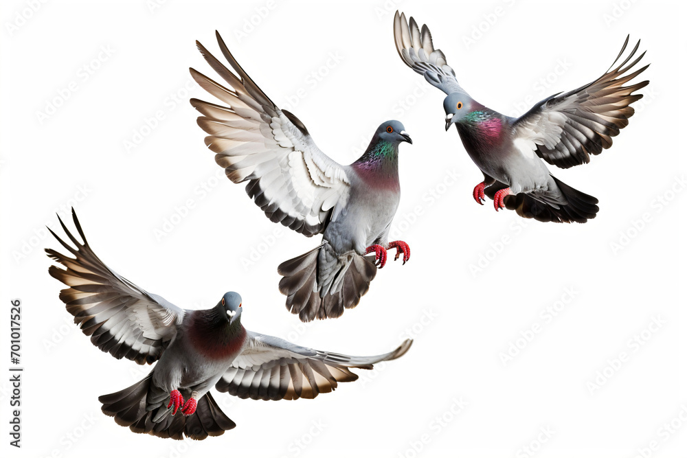 group of pigeons flying isolated on white background - obrazy, fototapety, plakaty 