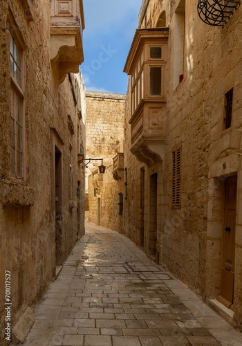 typical yellow-ochre limestone buildings in the old town of Mdina in Malta © makasana photo