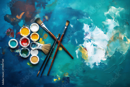 A vivid display of spilled artist palette oil paints and brushes arranged on blue wooden boards capturing the essence of artistic chaos, stock illustration image