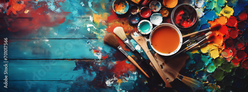 A vivid display of spilled artist palette oil paints and  brushes arranged on blue wooden boards capturing the essence of artistic chaos, stock illustration image photo